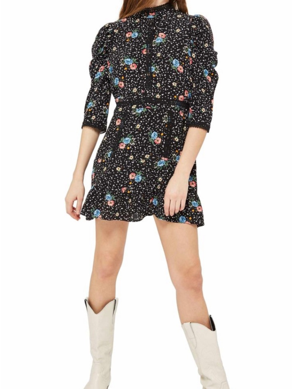 Topshop Black Floral Puff-Sleeve Mini Dress with Blue & Pink Blooms